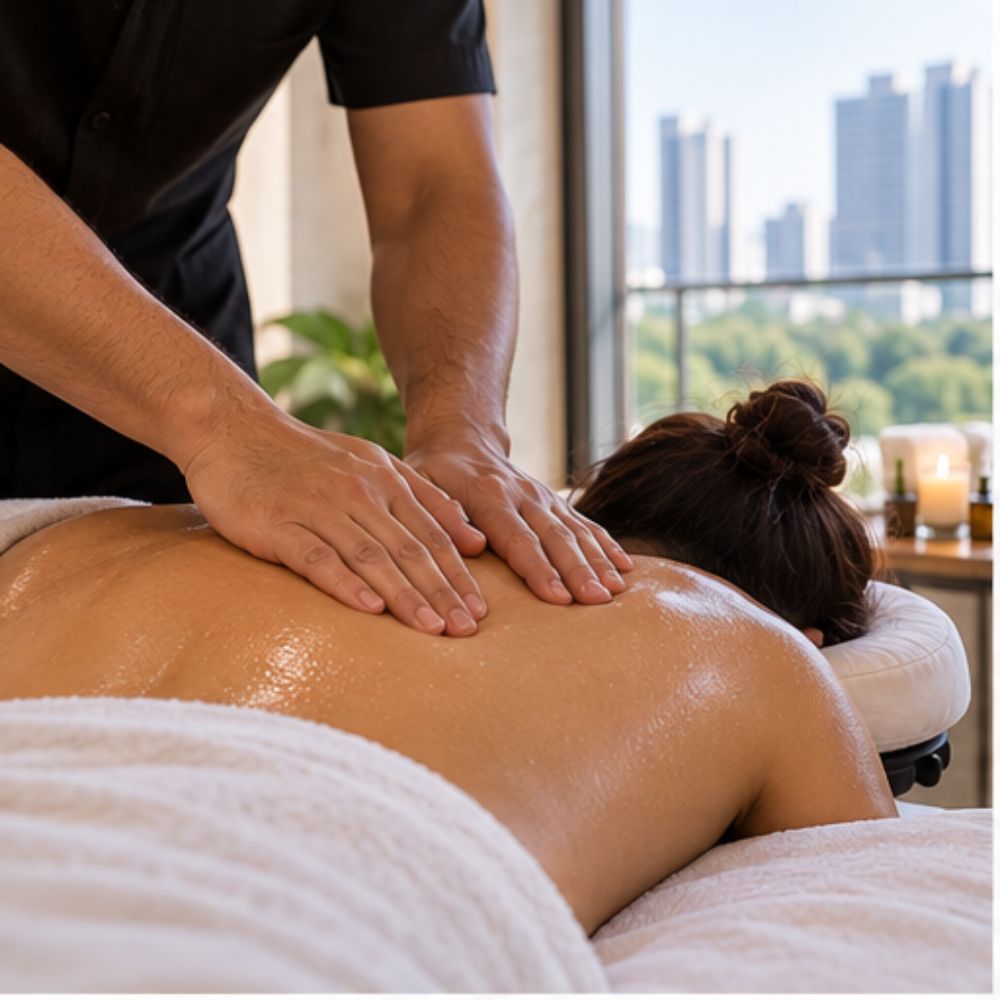 Male masseur giving a professional back massage to a woman draped in a towel in a Mumbai apartment
