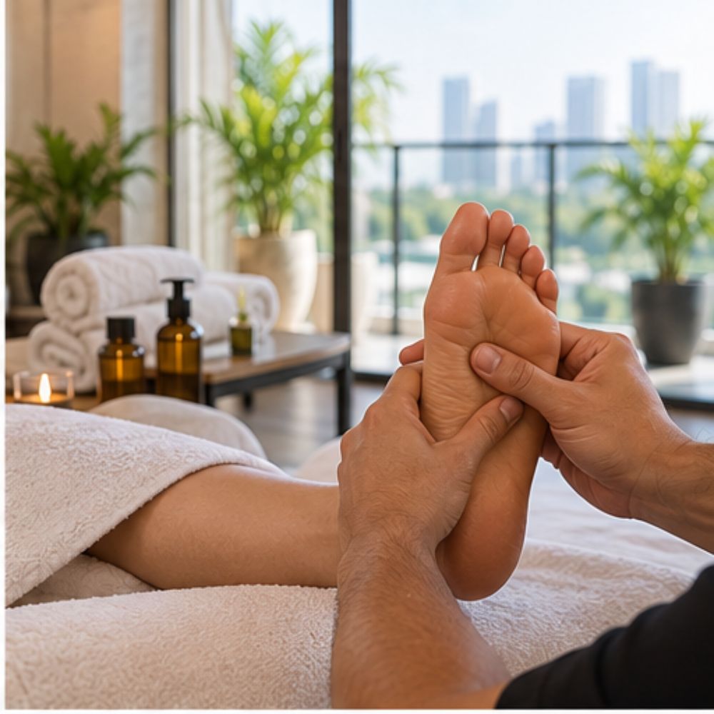 Foot reflexology massage by a male therapist with towels and oils in the background