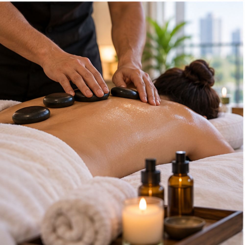 Hot stone massage on a woman’s back with warm basalt stones and candles