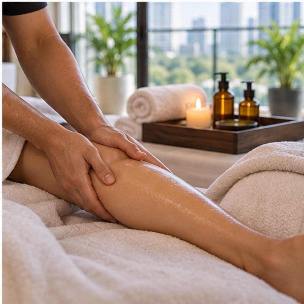 Deep tissue leg and calf massage by a male therapist at home